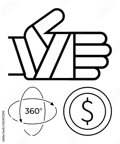 A wrapped hand indicates injury or care, 360 arrows suggest comprehensive coverage, and a dollar coin represents financial aspects. Ideal for healthcare, insurance, finance, medical, recovery