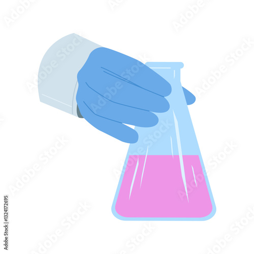 A chemist's hand holds a flask with pink liquid, symbolizing scientific research and experimentation.