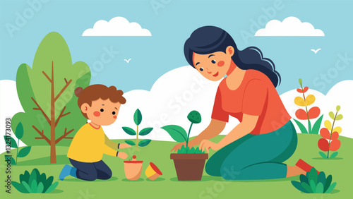 A young mother and her child spend an afternoon outside digging in the dirt and discovering the joy of working together to create a garden.. Vector illustration