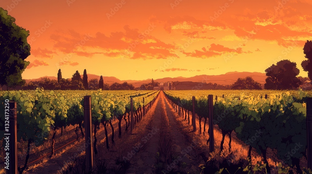 Fototapeta premium Vibrant vineyard rows basking in warm sunset glow with lush green vines leading to the horizon