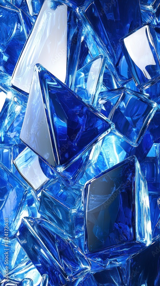 Blue crystalline shapes reflect light, creating a dazzling, textured abstract pattern