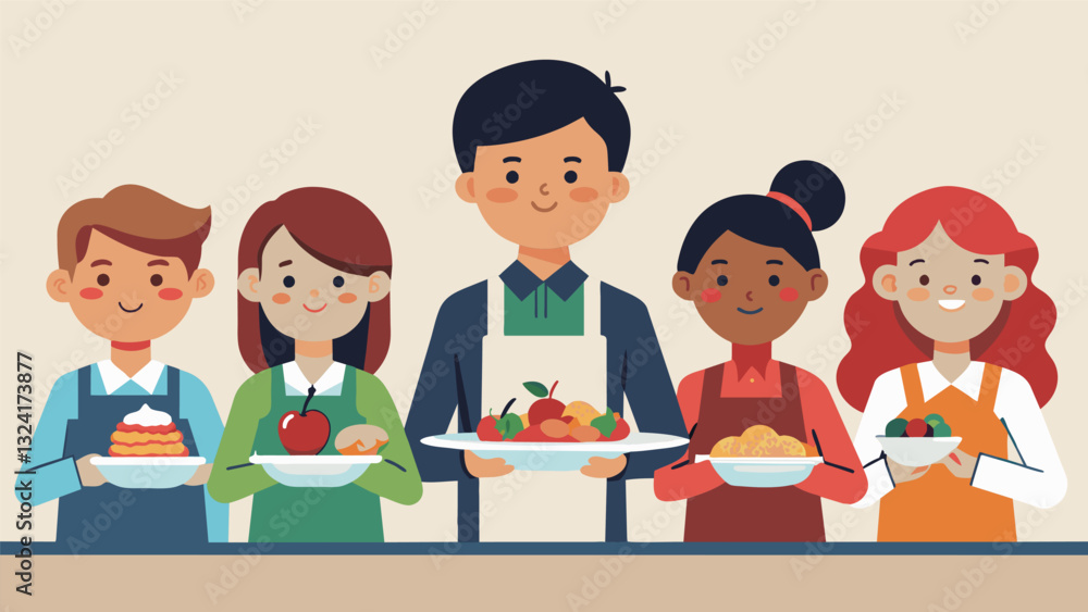 As they plate their final dishes students are reminded to thoughtfully arrange the food and consider the balance of flavors and colors.. Vector illustration As they plate their final dishes students are reminded to thoughtfully arrange the food and consider the balance of flavors and colors.. Vector illustration