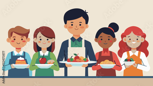 As they plate their final dishes students are reminded to thoughtfully arrange the food and consider the balance of flavors and colors.. Vector illustration
