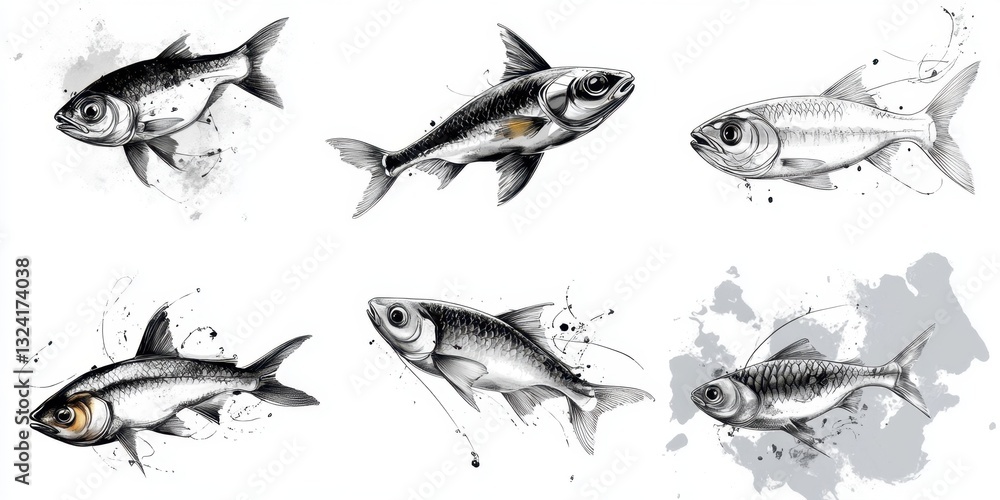Artistic black and white fish illustrations on abstract background Artistic black and white fish illustrations on abstract background