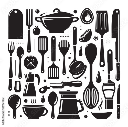 kitchen utensils set icon black silhouette vector on white background.