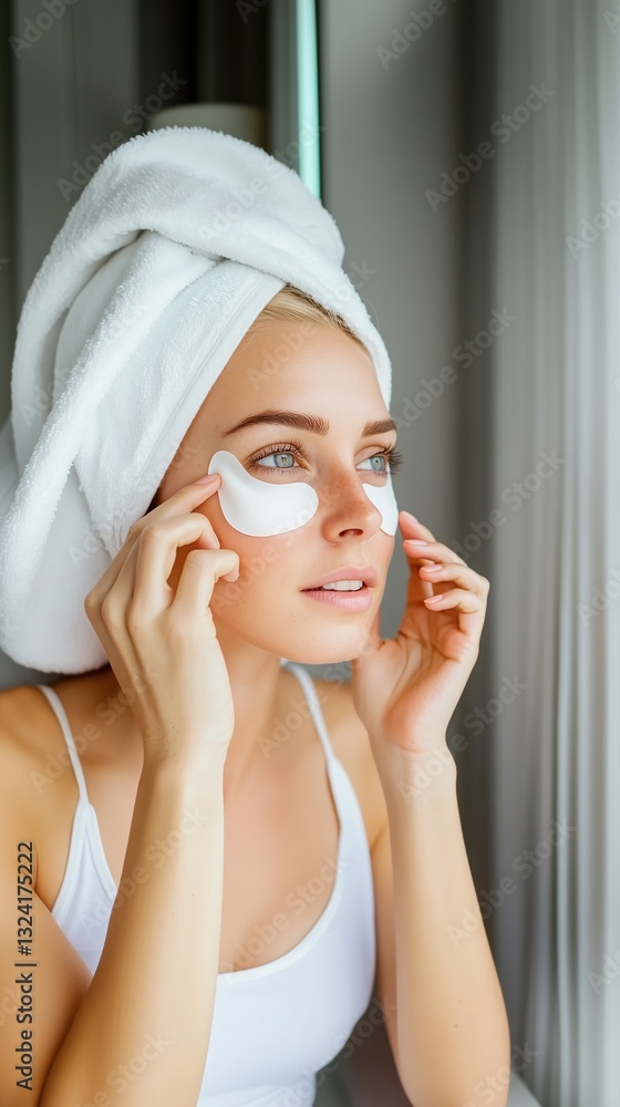 A woman is putting on eye patches while wearing a towel on her head A woman is putting on eye patches while wearing a towel on her head