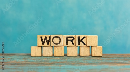 Wallpaper Mural An arrangement of wooden blocks spelling "WORK" against a textured blue background, conveying themes of effort and productivity. Torontodigital.ca