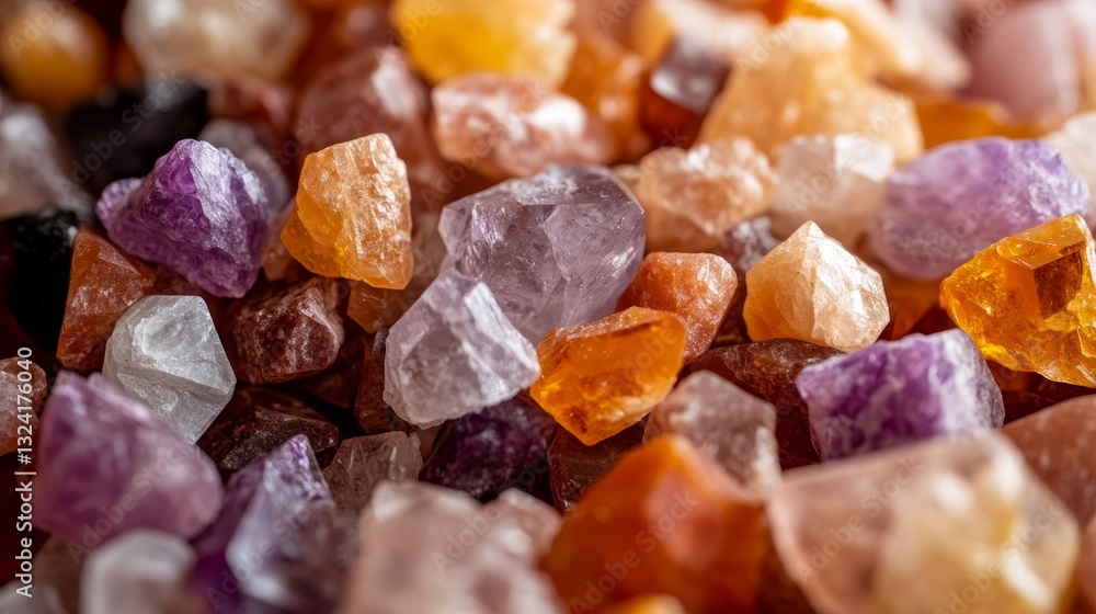 Close-up view reveals a vibrant array of unique multicolored stones, each displaying intricate textures and patterns illuminated by warm sunlight Close-up view reveals a vibrant array of unique multicolored stones, each displaying intricate textures and patterns illuminated by warm sunlight