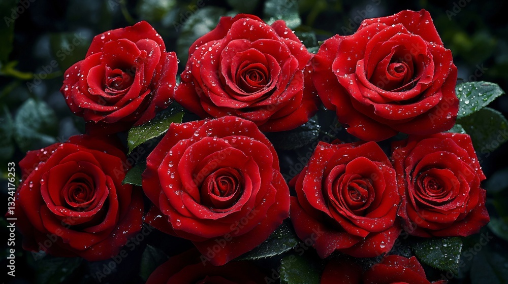 Obraz premium A close-up of deep crimson roses, perfect for romantic themes, weddings, or floral design projects. Ideal for Valentine's Day, anniversaries, or as elegant decor.