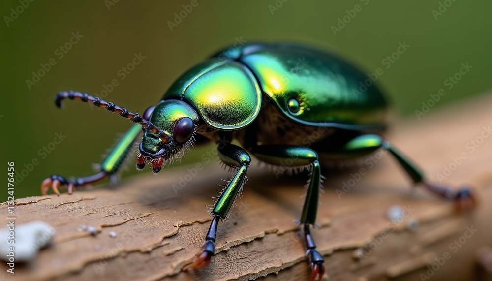 Shiny green beetle crawling on a wooden branch with a curious mood in blurred background Shiny green beetle crawling on a wooden branch with a curious mood in blurred background