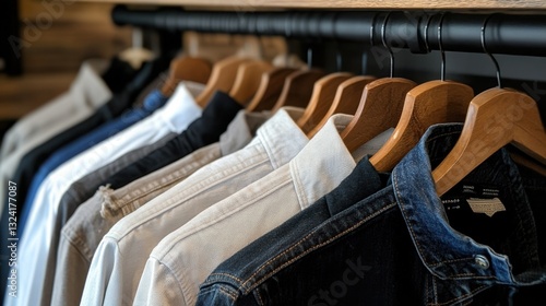 Row of hanging casual shirts and denim jacket on wooden hangers in a closet photo