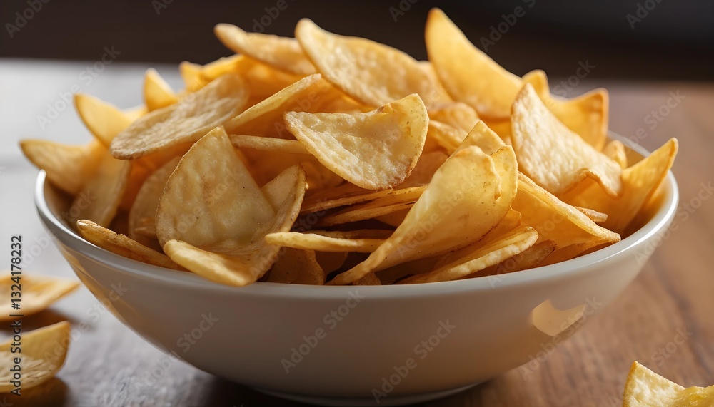 A closeup of a bowl filled with crispy golden potato chips, stacked high, perfect for a tasty snack A closeup of a bowl filled with crispy golden potato chips, stacked high, perfect for a tasty snack