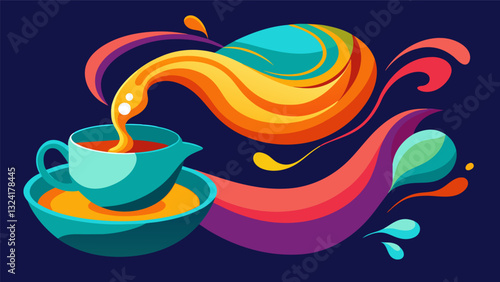 As the tea is poured into the cup its vibrant colors swirl and dance representing the harmony of the mind and body.. Vector illustration