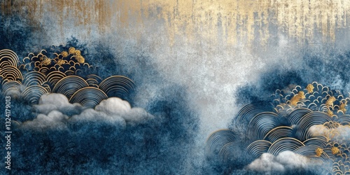 Abstract gold and blue japanese waves with clouds and mist