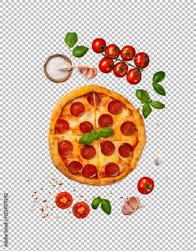 Tasty pepperoni pizza and cooking ingredients tomatoes basil, Tasty Pepperoni Pizza with Fresh Ingredients on transparent background, png, psd
