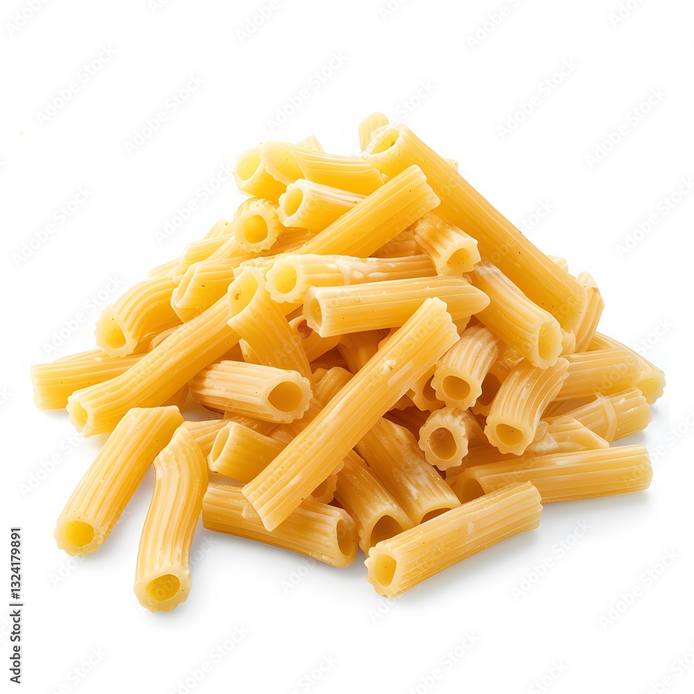 Close-Up View of Raw Rigatoni Pasta on White Background Close-Up View of Raw Rigatoni Pasta on White Background