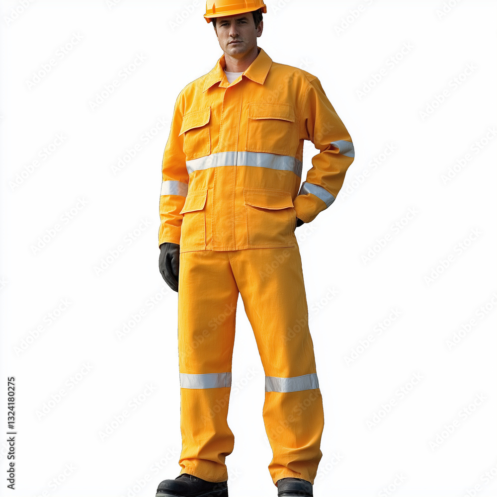 Fototapeta premium Construction Worker in Orange Safety Suit Hard Hat