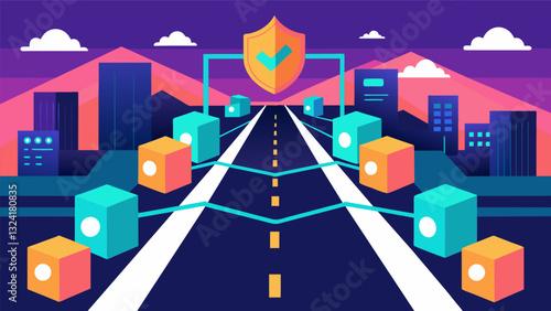 Picture a digital highway with each block acting as a checkpoint ensuring that all data flowing through the blockchain data chain is verified and secure.. Vector illustration