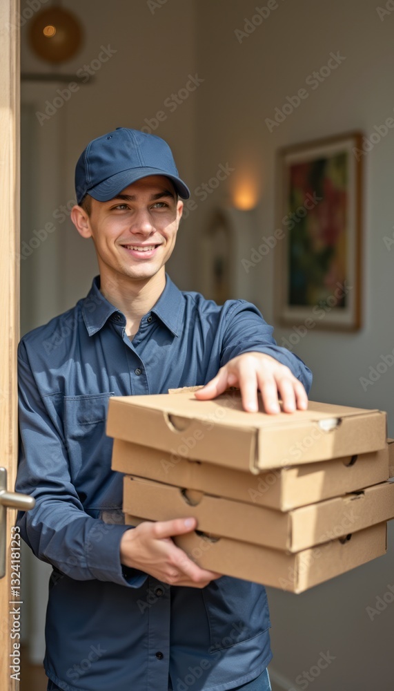 A young man with a friendly smile delivers four pizza boxes, showcasing his enthusiasm for service. Dressed in a blue uniform and cap, he embodies the joy of bringing delicious meals to customers A young man with a friendly smile delivers four pizza boxes, showcasing his enthusiasm for service. Dressed in a blue uniform and cap, he embodies the joy of bringing delicious meals to customers