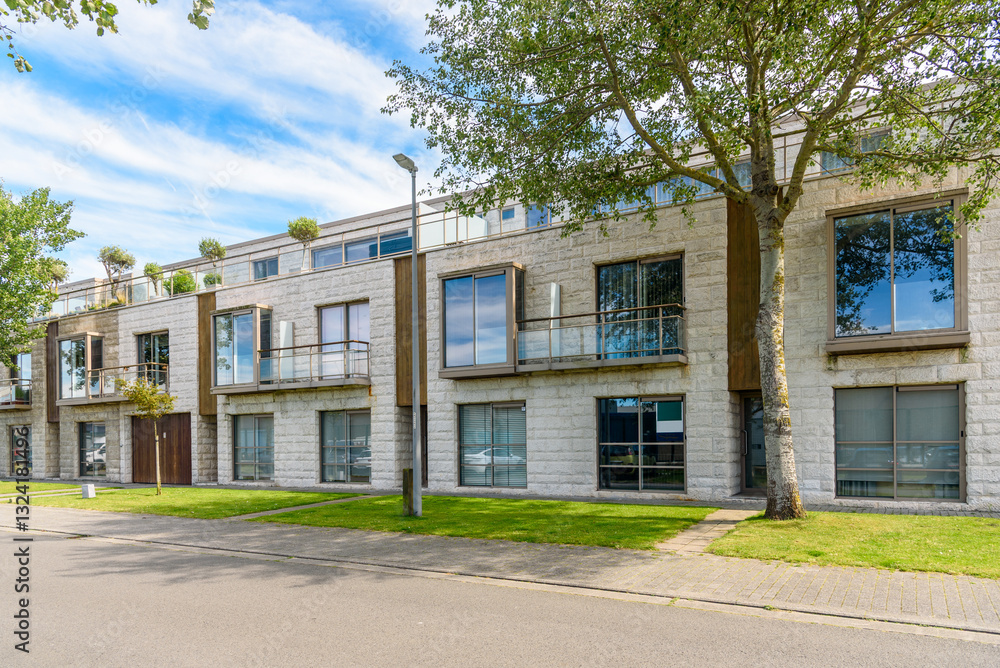 Obraz premium Row of new terraced houses with glass rooftop decks along a street on a sunny summer day