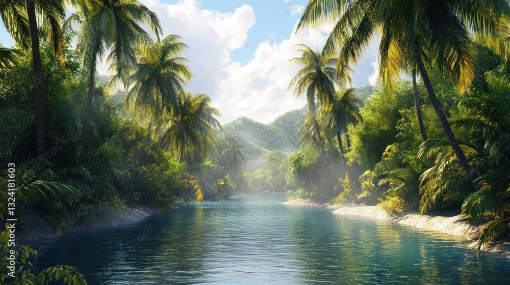 Lush tropical river scenery with palm trees and vibrant nature landscape Lush tropical river scenery with palm trees and vibrant nature landscape