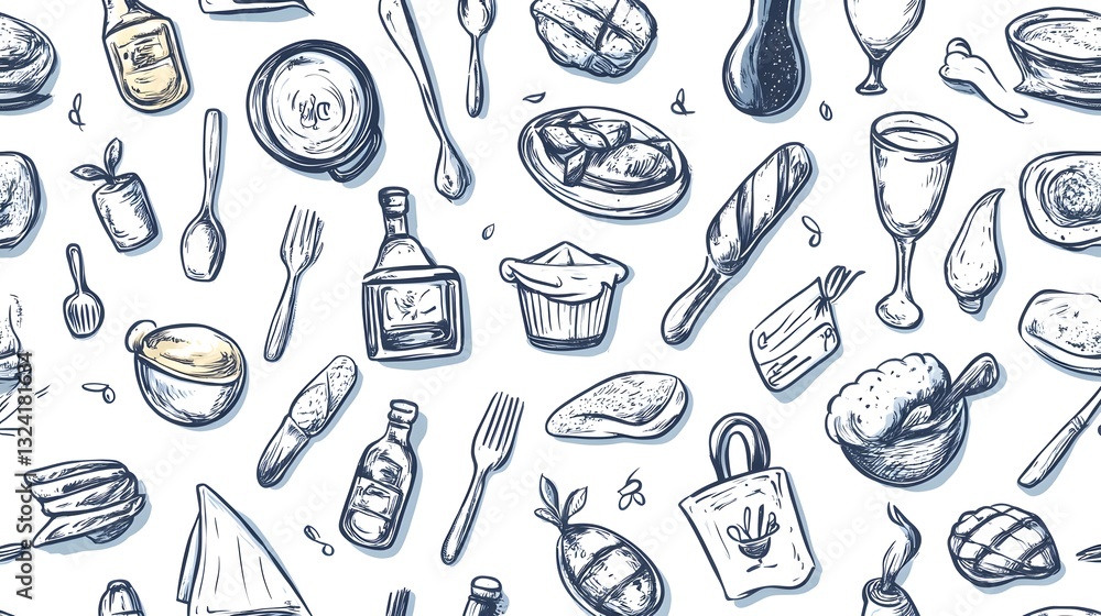 Professional Seamless Doodle Sketch Pattern of Restaurant Symbols for Various Uses Professional Seamless Doodle Sketch Pattern of Restaurant Symbols for Various Uses
