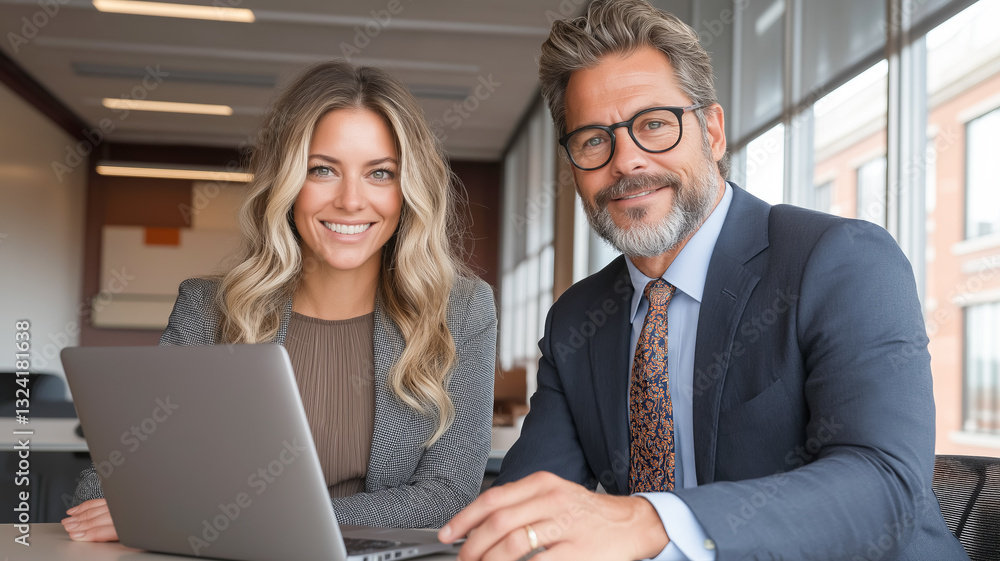 Obraz premium Businessman and businesswoman at a laptop in a modern office. Confidence, success and productivity at work. Business communications, strategy discussion and cooperation in a corporate environment.