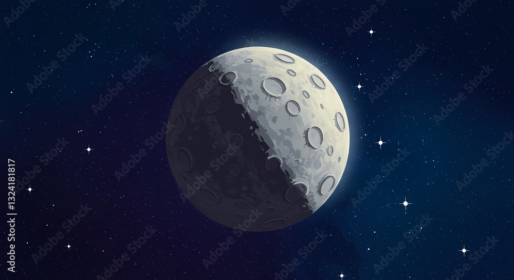 Obraz premium Stunning Space Background with Moon & Stars - Lunar Surface, Galaxy, Celestial Night Sky Scene - Cosmic Science Fiction Art, Wallpaper, Digital Design for Phone & Desktop