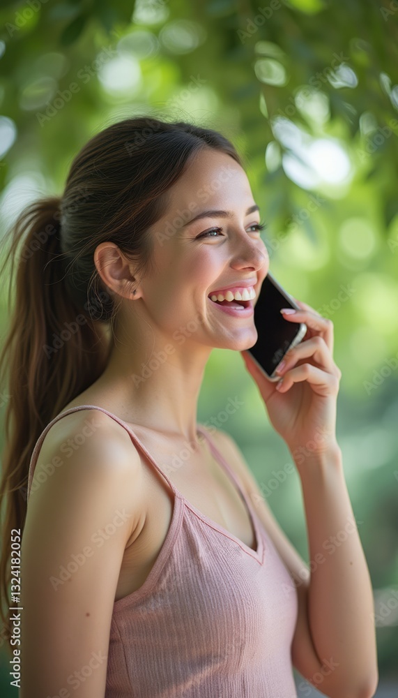 Fototapeta premium A cheerful young woman with long brown hair smiles brightly while chatting on her smartphone amidst vibrant green foliage. Her joyful expression radiates happiness and connection, capturing a moment