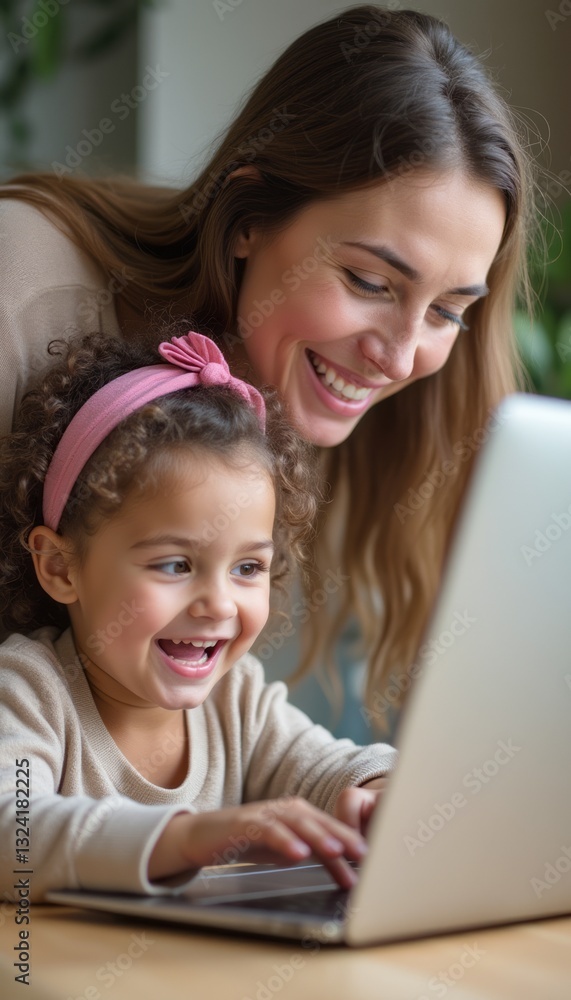 A smiling mother and her young daughter are engaged in a delightful activity together, exploring a laptop. The scene radiates warmth and happiness, showcasing the bond between them as they share A smiling mother and her young daughter are engaged in a delightful activity together, exploring a laptop. The scene radiates warmth and happiness, showcasing the bond between them as they share