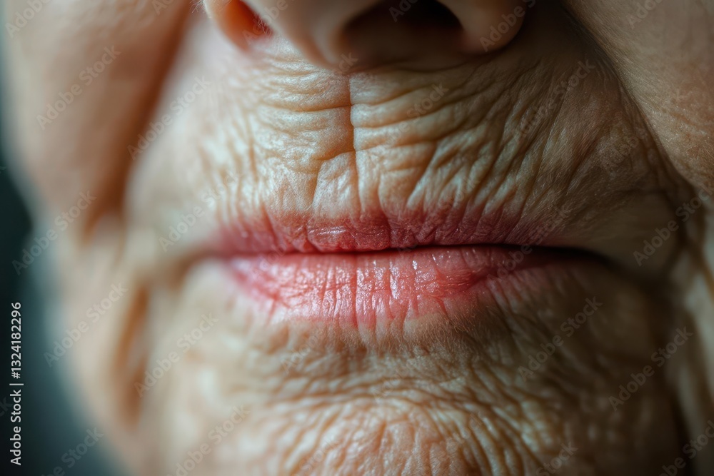 a close-up portrait of an elderly woman's lips and chin, showing fine wrinkles and character lines, warm natural lighting highlighting subtle pink lipstick against pale skin a close-up portrait of an elderly woman's lips and chin, showing fine wrinkles and character lines, warm natural lighting highlighting subtle pink lipstick against pale skin