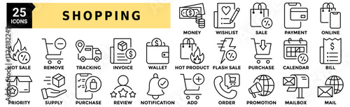 Shopping icon set. Containing  and more. Outline money, wish list, sale, payment, online, hot sale, remove, tracking vector icons collection