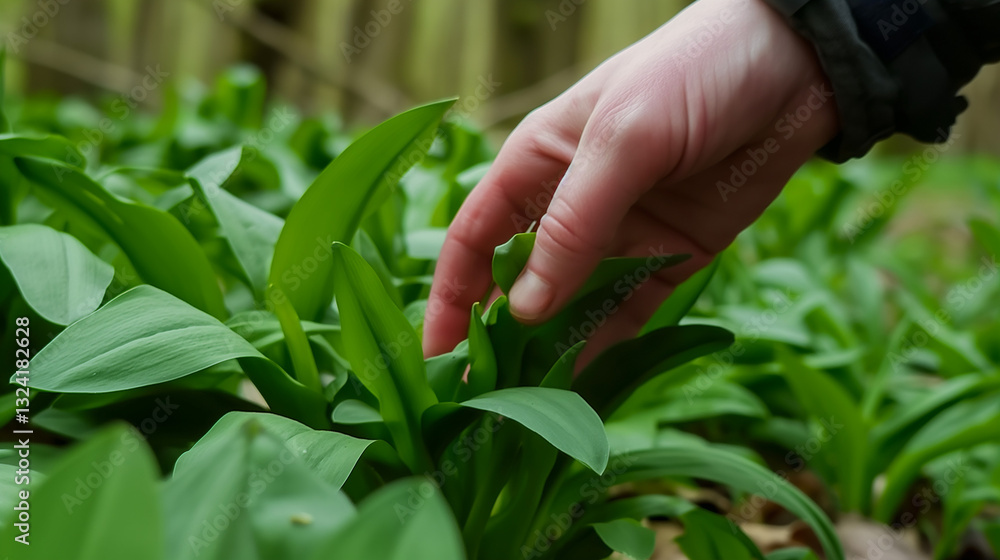 Hand picking wild garlic in a lush green forest. Hand picking wild garlic in a lush green forest.