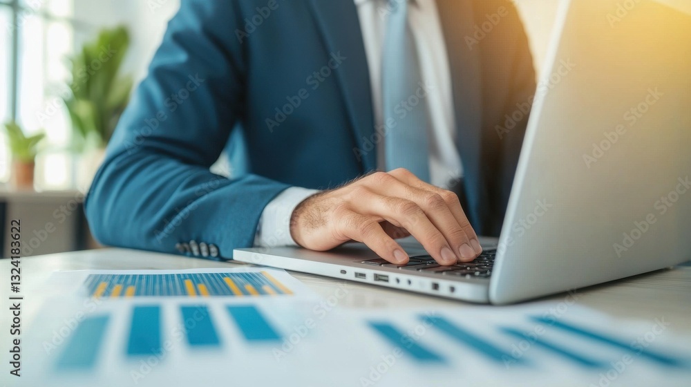 Businessman Analyzing Data on Laptop in Modern Office Environment Businessman Analyzing Data on Laptop in Modern Office Environment