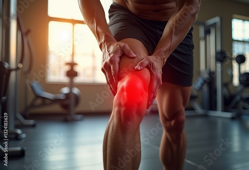 Experience the visceral impact of injury with this digital art piece depicting an athlete in a fitness room, acutely feeling knee pain highlighted in red, rendered in hyperrealism, captured with soft 