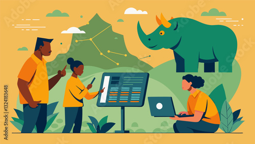 In an effort to protect dwindling populations of rhinoceros conservationists analyze data on poaching hotspots to strategically deploy antipoaching teams.. Vector illustration