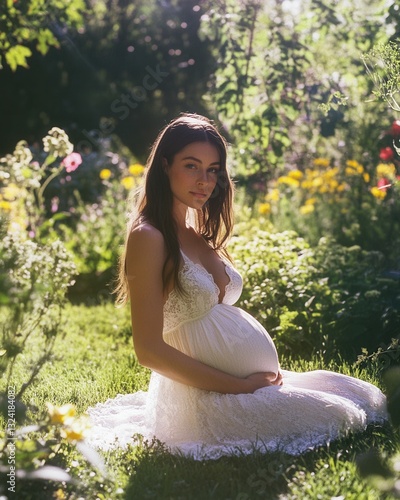 Pregnant caucasian young female in lace dress sitting in sunlit garden with colorful flowers