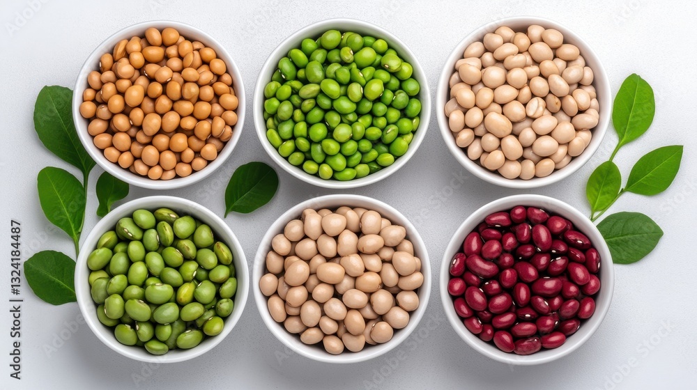 A variety of beans and peas are displayed in white bowls. The beans are green, red, and yellow, while the peas are green. The bowls are arranged in a row A variety of beans and peas are displayed in white bowls. The beans are green, red, and yellow, while the peas are green. The bowls are arranged in a row