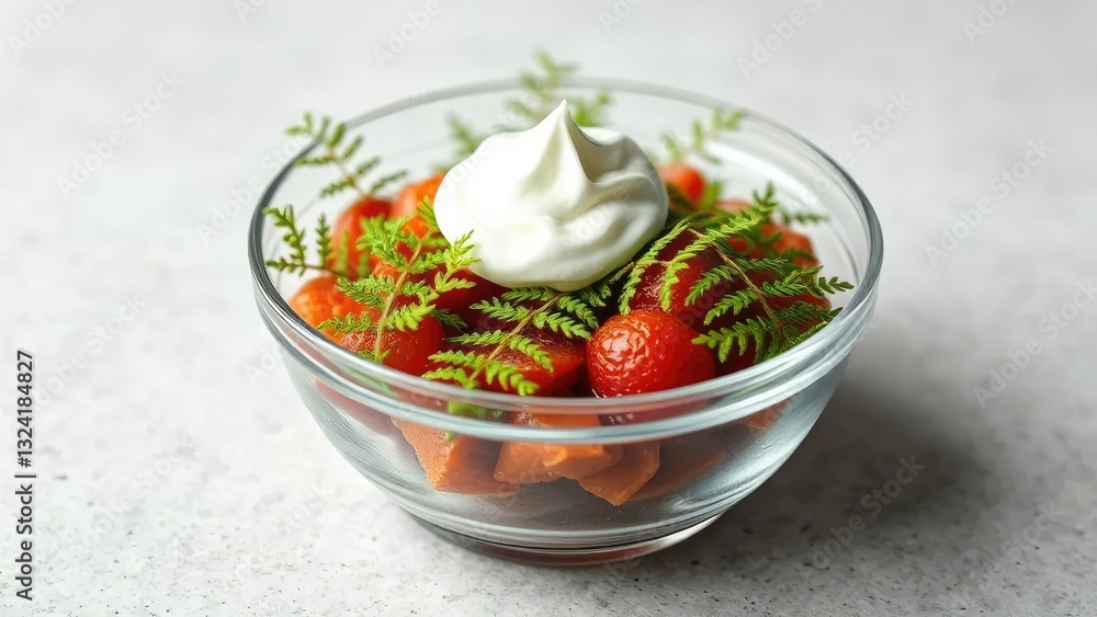 A delicate fern placed in a glass bowl with a dollop of whipped cream, dessert, gourmet, bowl A delicate fern placed in a glass bowl with a dollop of whipped cream, dessert, gourmet, bowl