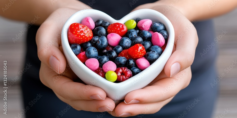 A person is holding a bowl of fruit in the shape of a heart. The bowl contains a variety of fruits, including blueberries, strawberries, and raspberries. Concept of love and care A person is holding a bowl of fruit in the shape of a heart. The bowl contains a variety of fruits, including blueberries, strawberries, and raspberries. Concept of love and care