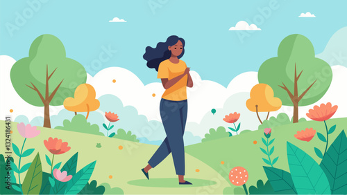 A woman walks briskly through the park her hands clasped behind her back as she practices deep breathing the fresh air and blooming flowers invigorating her spirits.. Vector illustration