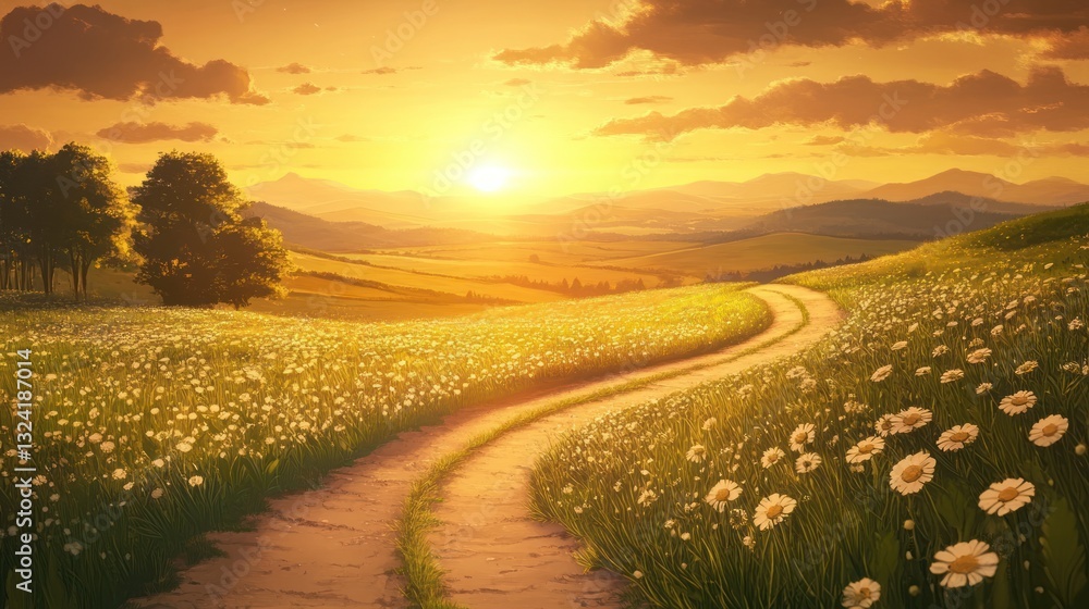 Fototapeta premium Winding path through wildflowers at golden sunset