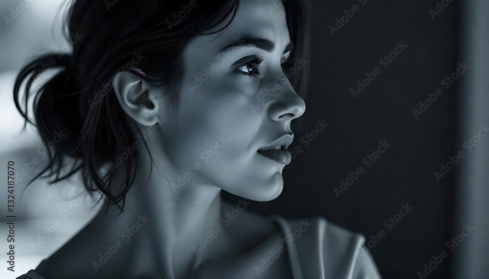 Muted Black-and-White Profile Portrait of a Woman Muted Black-and-White Profile Portrait of a Woman
