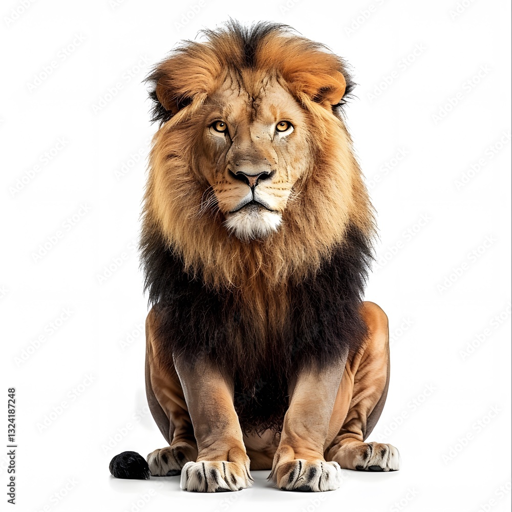 Majestic Lion with Flowing Mane Sitting Proudly Against White Background Majestic Lion with Flowing Mane Sitting Proudly Against White Background