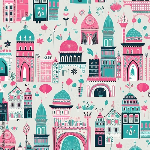 Whimsical Cityscape Illustration Pink Teal Buildings Seamless Pattern