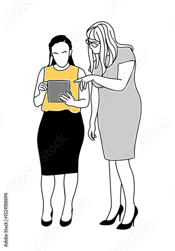 Two business women standing together, working on digital tablet, talking, discussing. Team work business concept. Modern vector outline drawing for graphic, web design Isolated 