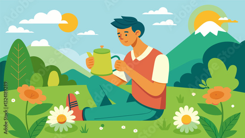 As the summer sun beats down the gardener takes a break to sip on a cup of chamomile tea made from their own harvest.. Vector illustration