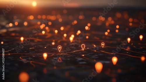 A vibrant digital map highlights local businesses with glowing navigation pins over a blurred cityscape, illustrating modern search engine optimization strategies