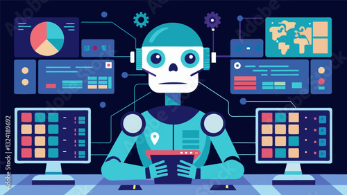 In a virtual lab filled with screens and servers an advanced artificial intelligence eagerly devours data points to expand its knowledge base.. Vector illustration
