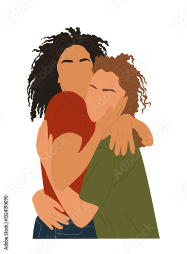 Homosexual lesbian couple in love. Happy lovers on date. Best friends hugging. Romantic lgbt, homosexual girlfriends. Vector flat colorful illustration isolated 